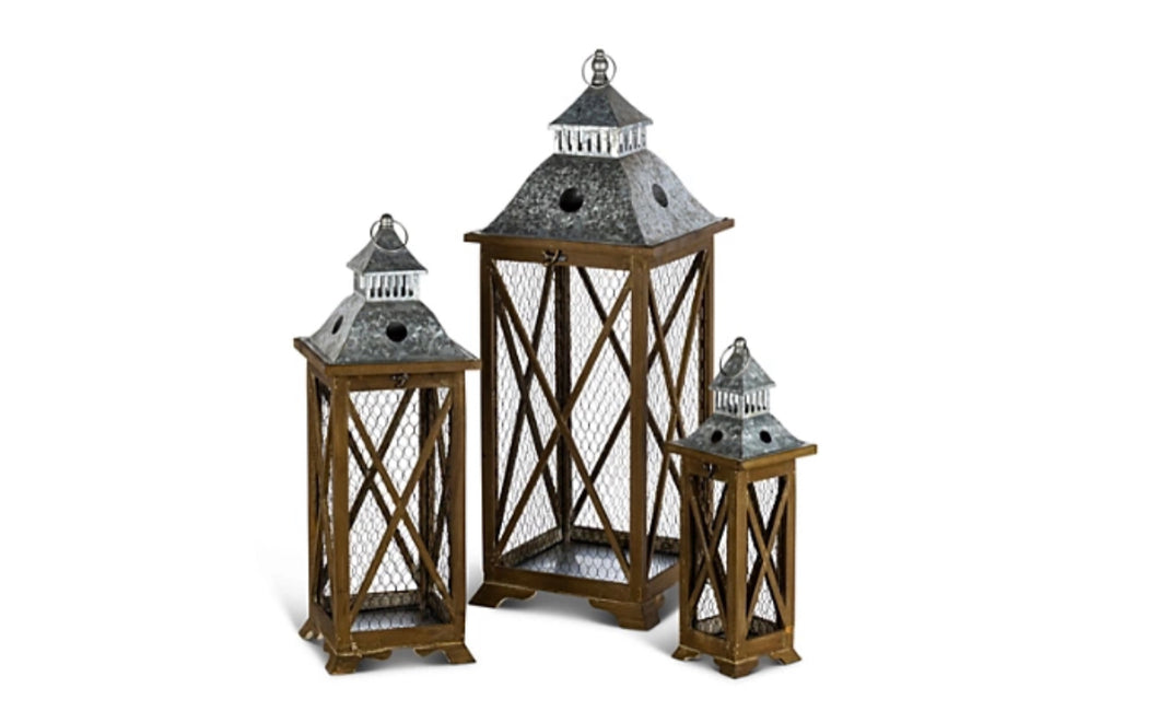 Nesting Wooden and Iron Lanterns Set of 3